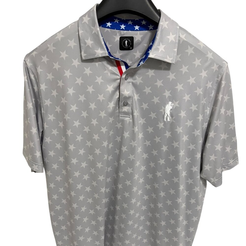 U Suck At Golf Polo Shirt Stars and Stripes AOP Grey White Men’s Size XL Casual